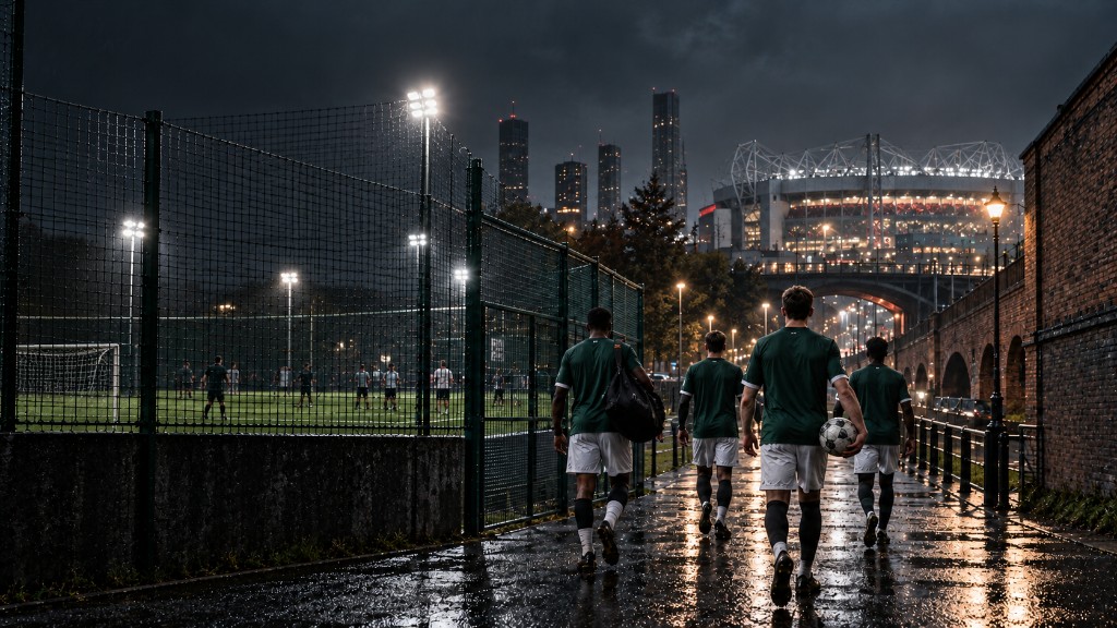 Salford Subz players walking from a floodlit 6-a-side pitch toward a glowing stadium